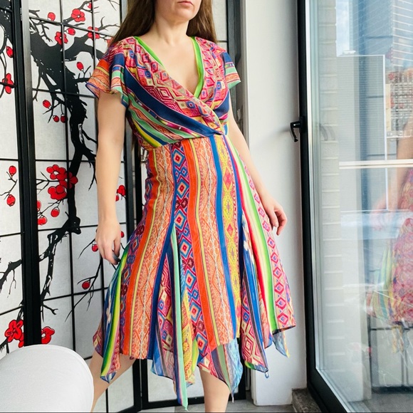 🚢Polo Ralph Lauren Multicolored Printed Silk Asymmetric Hem Detail Dress Tribal - Picture 14 of 17